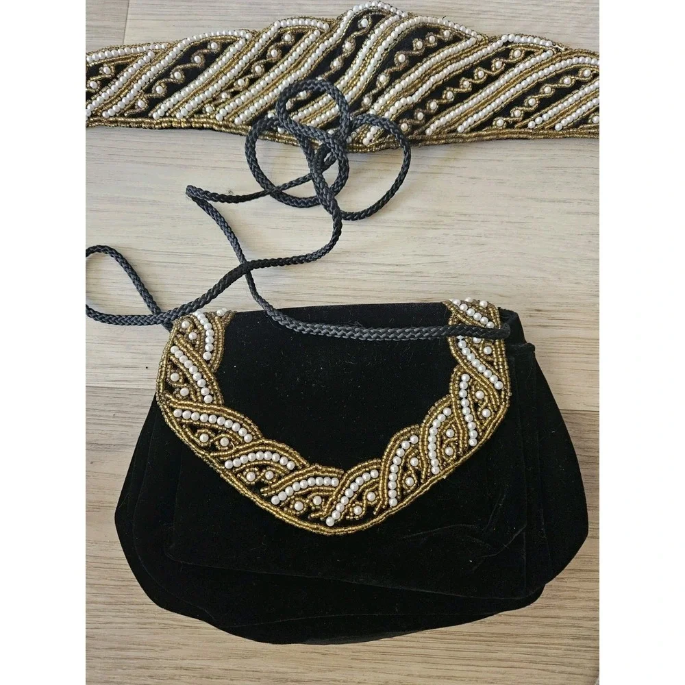 Vintage Handcrafted Zardozi‎ Black Velvet Clutch and Belt Set Gold Pearl India